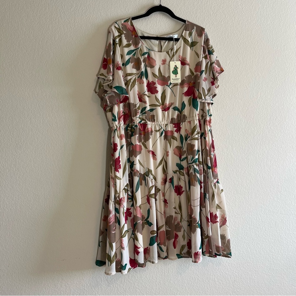 Nemidor Size 24 Dress Tan, with Brown, Pink, Orange, and Green/Teal Flowers